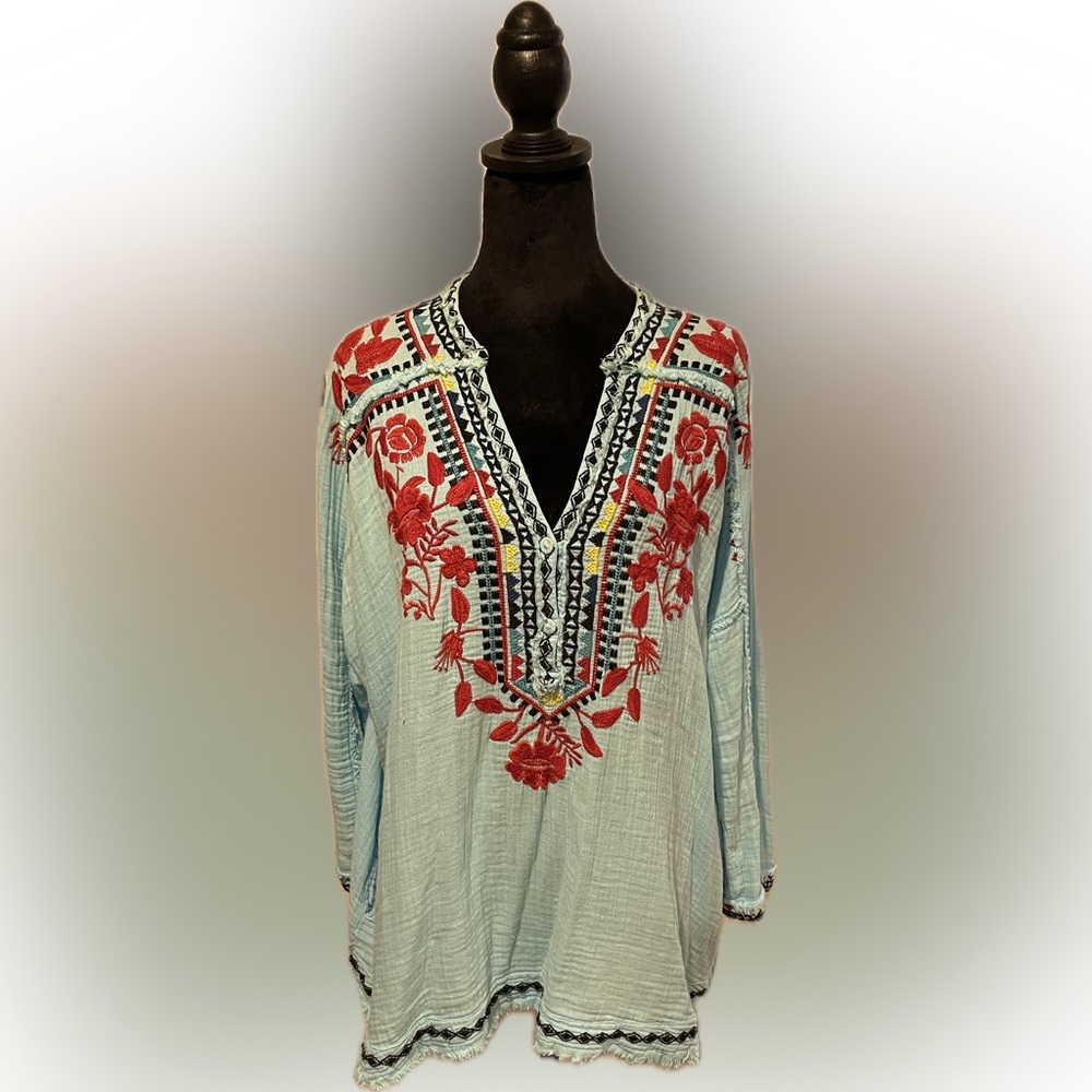 Johnny Was embroidered shirt light turquoise